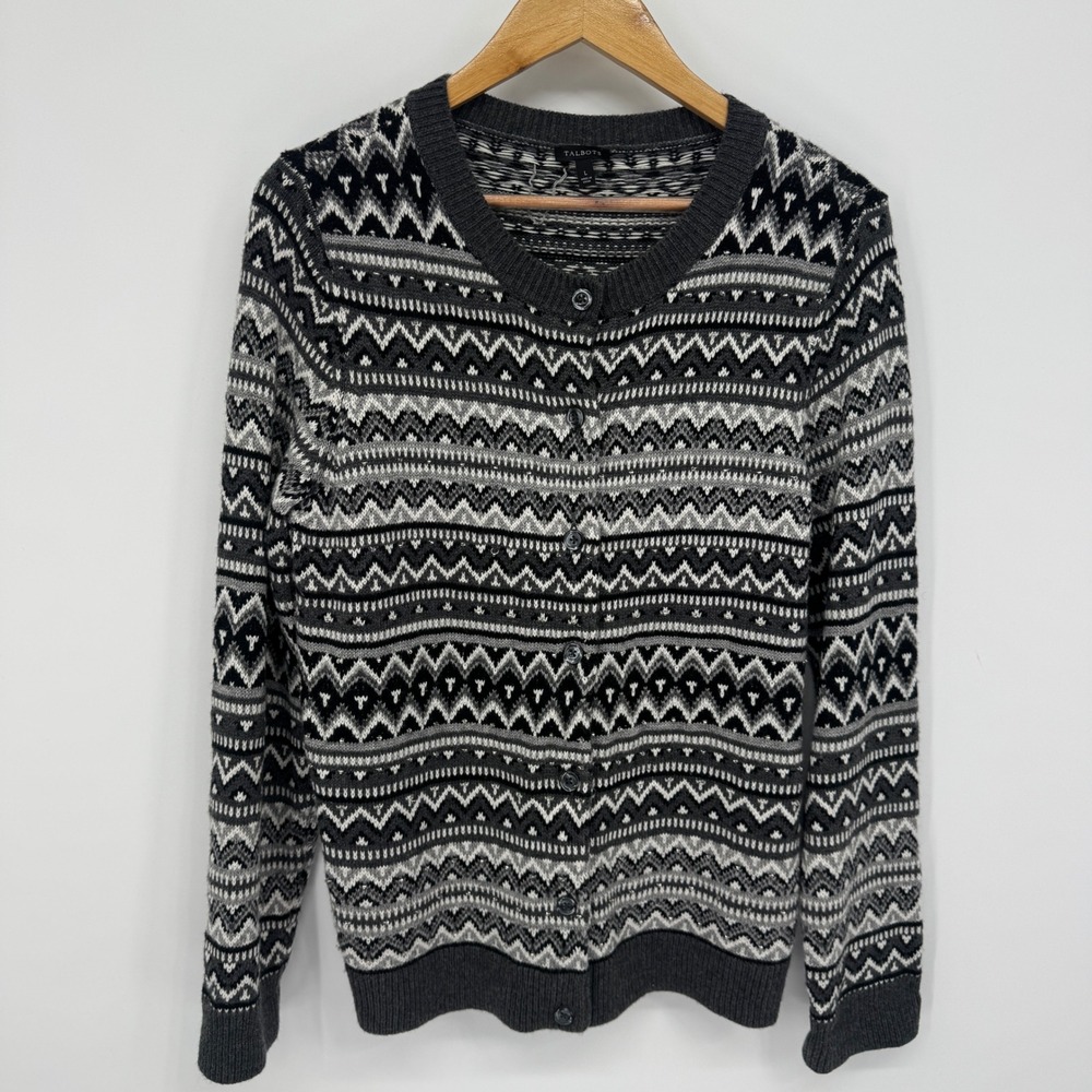 Talbots Cardigan Sweater Women L Grey Fair Isle Sequin Lambswool Fall Office